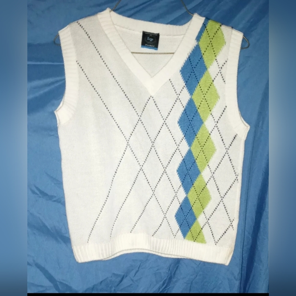 Boy's "Lawrence Parker" White, Green, Blue Sleeveless Sweater Vest Medium